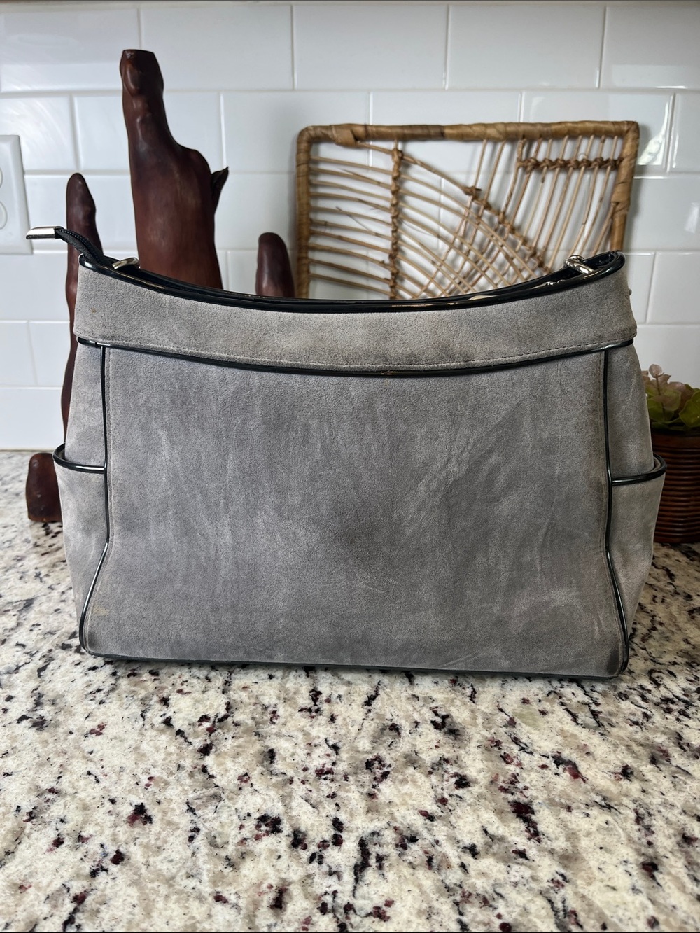 Beijo Gray Suede Shoulder Bag with Black Handle - Picture 7 of 13